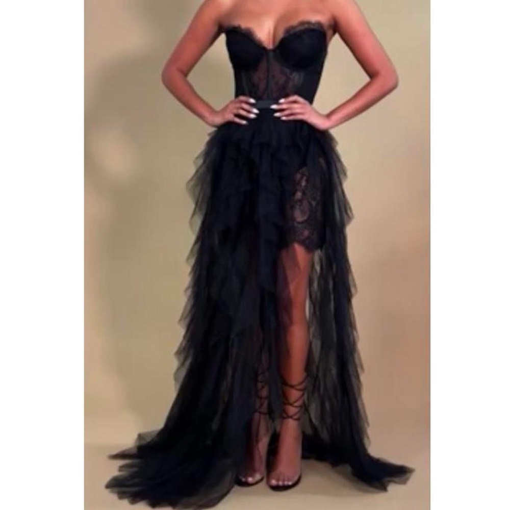 black strapless corset lace tulle mesh maxi dress with slit